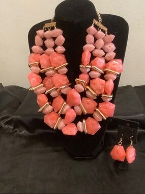 Coral Pink Statement Beaded Necklace & Earring Set